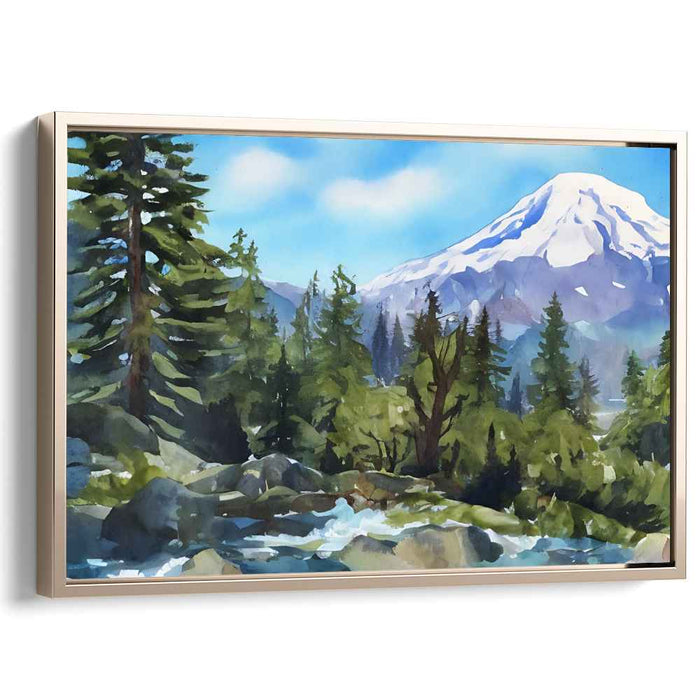Mystic Woodscape Mirage: Majestic Mountain and Forest Landscape Watercolor