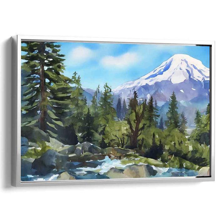 Mystic Woodscape Mirage: Majestic Mountain and Forest Landscape Watercolor