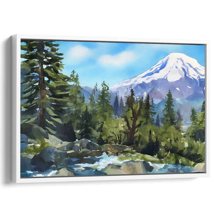 Mystic Woodscape Mirage: Majestic Mountain and Forest Landscape Watercolor