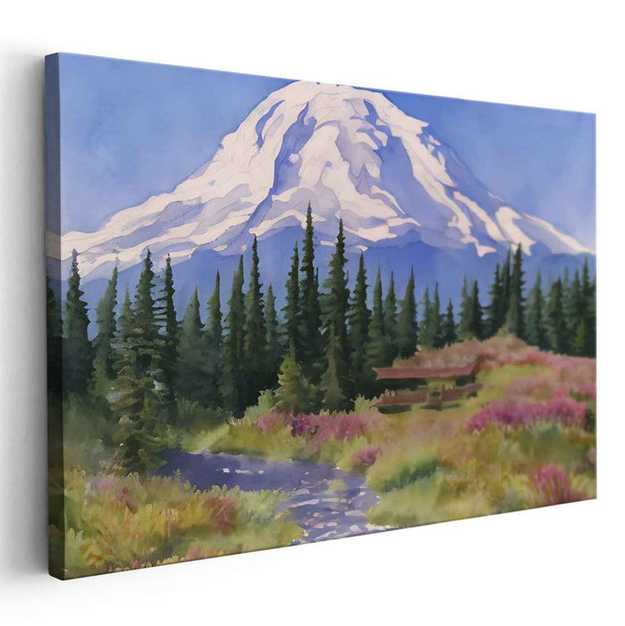 Frostbound Trail: Snow-Capped Mountain and Forest Path Watercolor Canvas Art