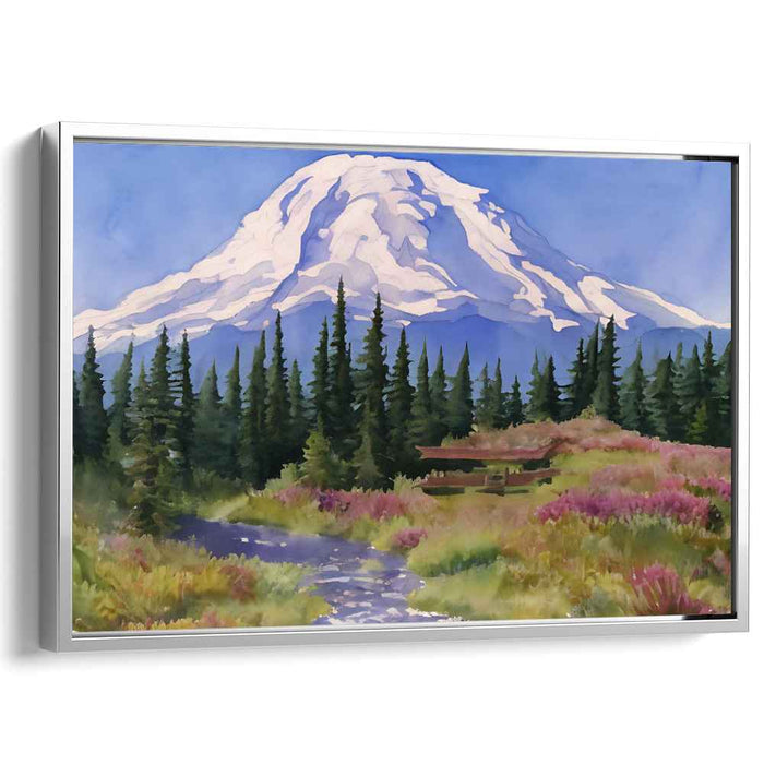 Frostbound Trail: Snow-Capped Mountain and Forest Path Watercolor Canvas Art