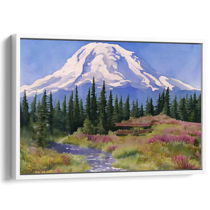 Frostbound Trail: Snow-Capped Mountain and Forest Path Watercolor Canvas Art