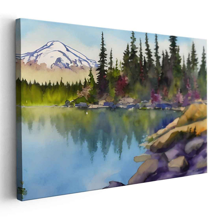 Tranquil Alpine Reflections: Serene Lakeside and Mountain Watercolor Canvas Art