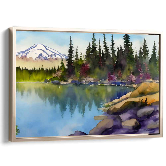 Tranquil Alpine Reflections: Serene Lakeside and Mountain Watercolor Canvas Art