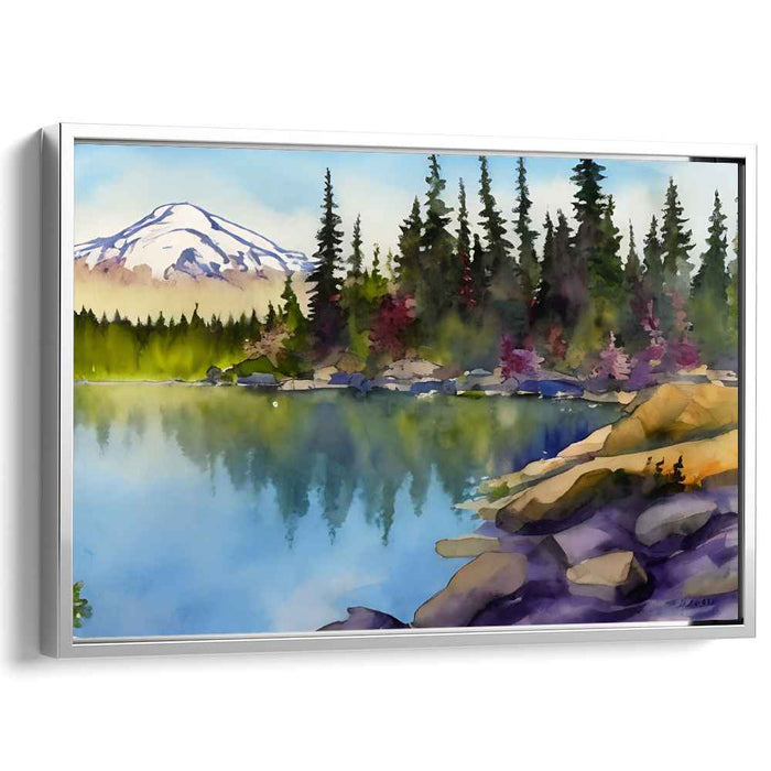 Tranquil Alpine Reflections: Serene Lakeside and Mountain Watercolor Canvas Art