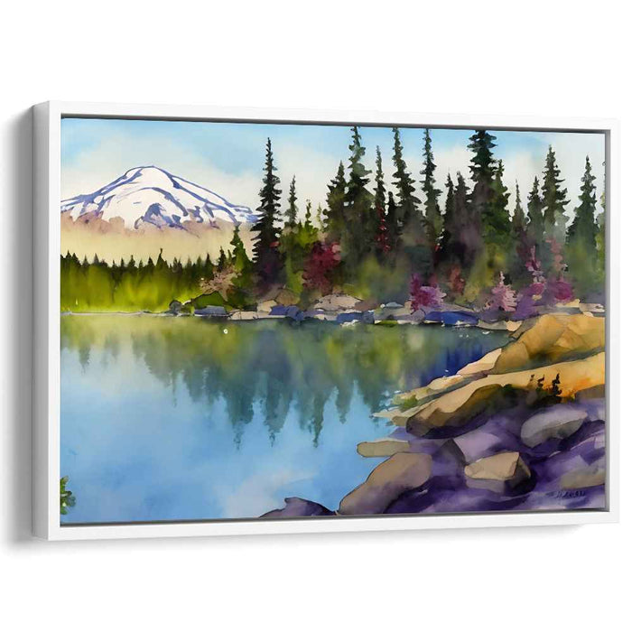 Tranquil Alpine Reflections: Serene Lakeside and Mountain Watercolor Canvas Art