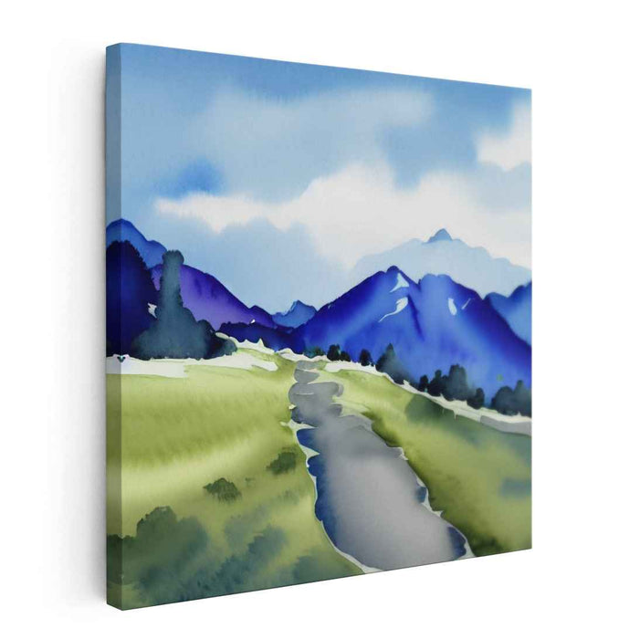 Azure Mountain Mirage: Serene Watercolor Landscape of Blue Mountains