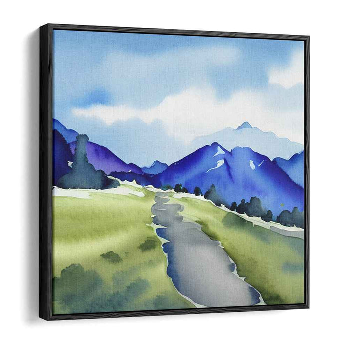 Azure Mountain Mirage: Serene Watercolor Landscape of Blue Mountains