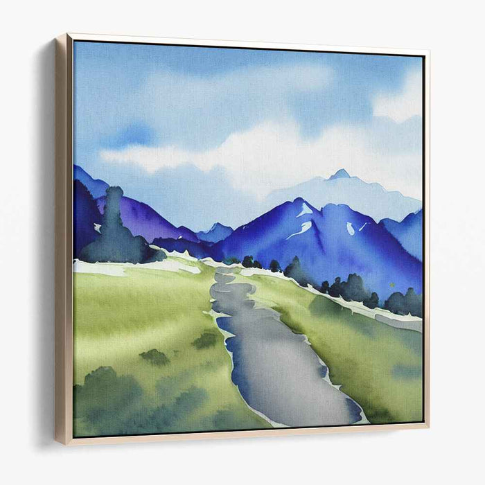 Azure Mountain Mirage: Serene Watercolor Landscape of Blue Mountains