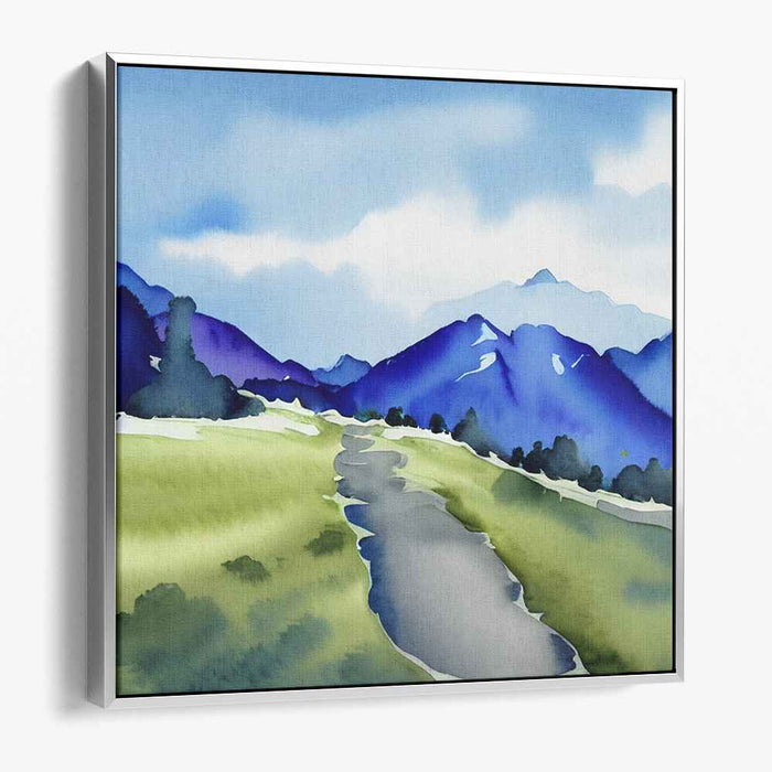 Azure Mountain Mirage: Serene Watercolor Landscape of Blue Mountains