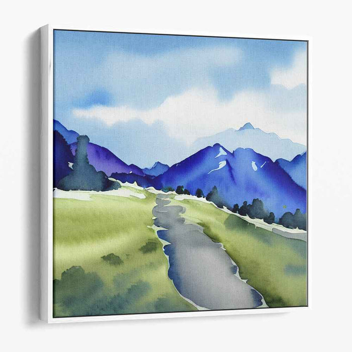 Azure Mountain Mirage: Serene Watercolor Landscape of Blue Mountains