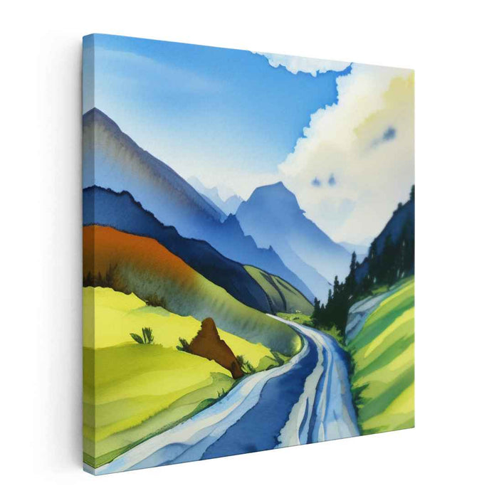 Majestic Mountain Pass: Luminous Landscape in Vivid Watercolors