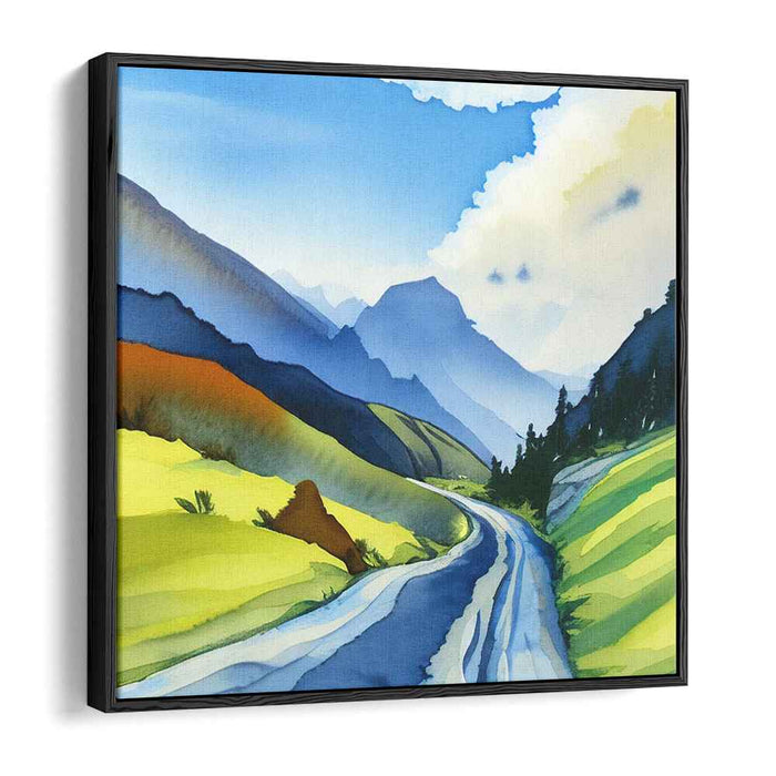 Majestic Mountain Pass: Luminous Landscape in Vivid Watercolors