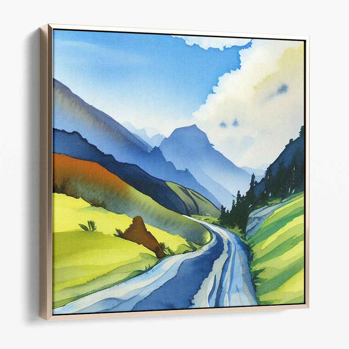 Majestic Mountain Pass: Luminous Landscape in Vivid Watercolors