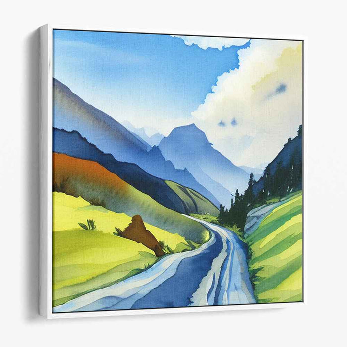 Majestic Mountain Pass: Luminous Landscape in Vivid Watercolors
