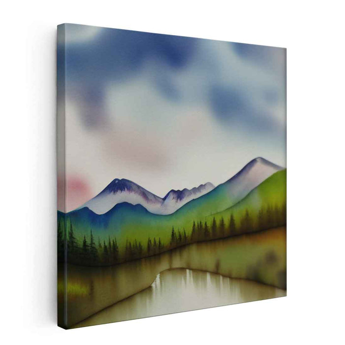 Mountain Mist Melody: Serene Watercolor Mountain Landscape