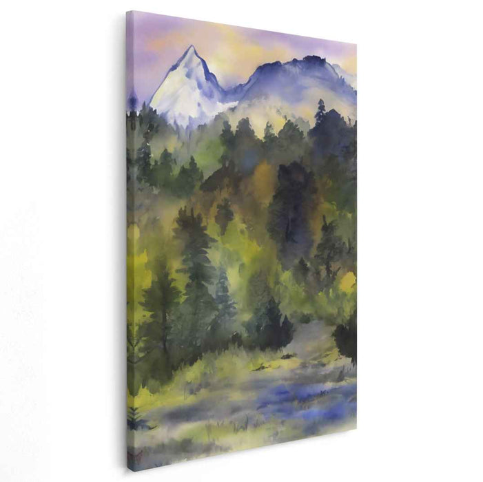 Blissful Peaks Watercolor: Serene Mountain Landscape Watercolor Art Print