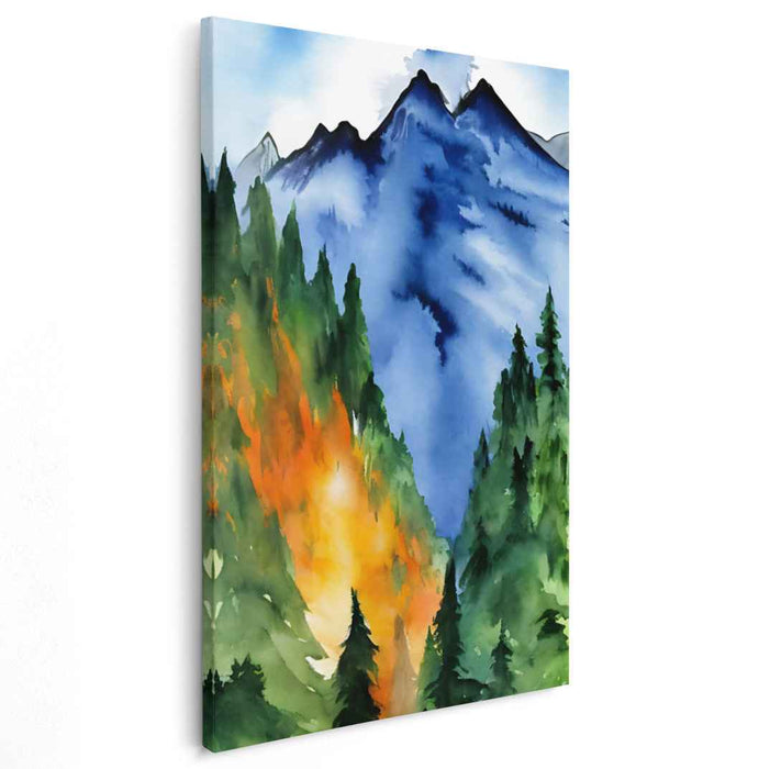 Enigmatic Forest Melody: Vibrant Mountain and Forest Watercolor Canvas Art