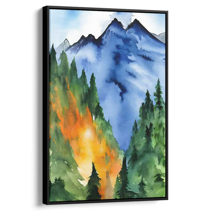 Enigmatic Forest Melody: Vibrant Mountain and Forest Watercolor Canvas Art
