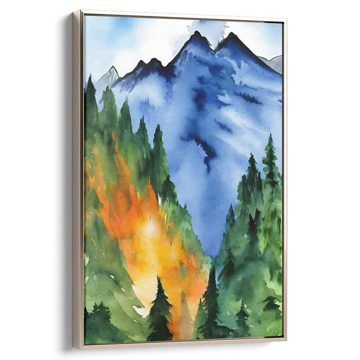 Enigmatic Forest Melody: Vibrant Mountain and Forest Watercolor Canvas Art