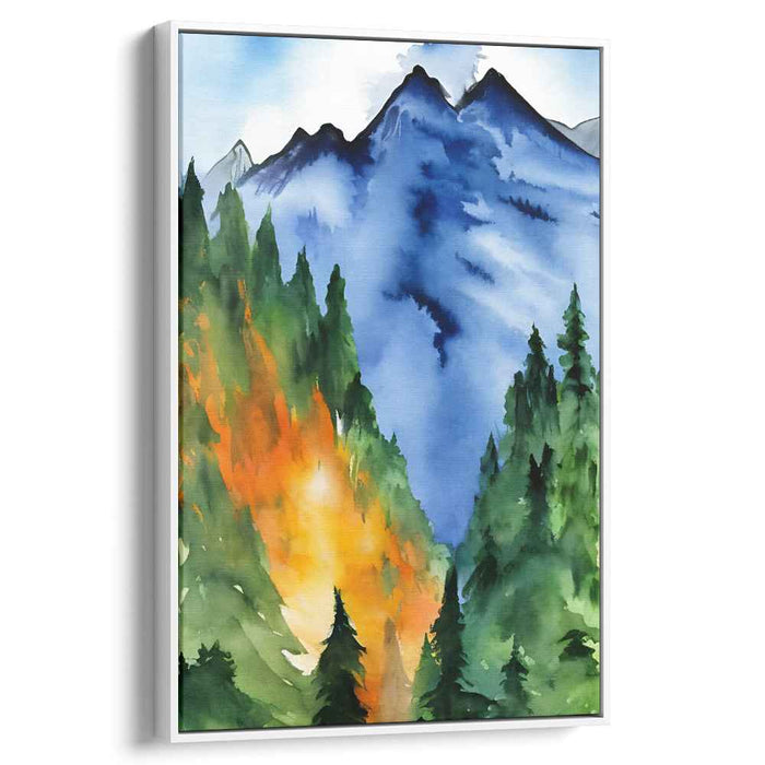 Enigmatic Forest Melody: Vibrant Mountain and Forest Watercolor Canvas Art