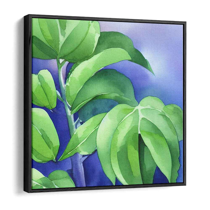 Emerald Shores Beauty: Watercolor Green Leaves on Blue Canvas Art Print