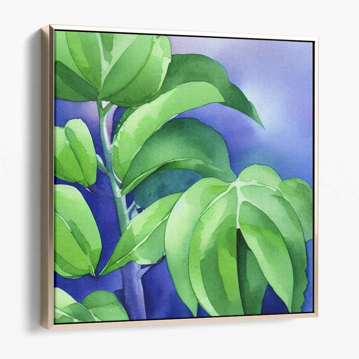 Emerald Shores Beauty: Watercolor Green Leaves on Blue Canvas Art Print