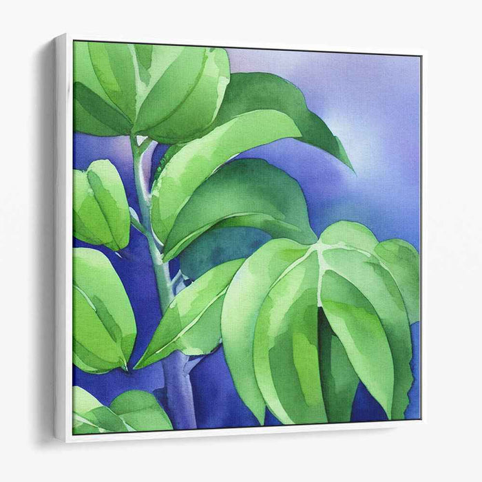 Emerald Shores Beauty: Watercolor Green Leaves on Blue Canvas Art Print
