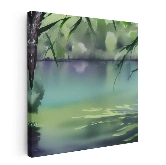Tranquil Bamboo Reflections: Serene Lake and Bamboo Watercolor Canvas Art