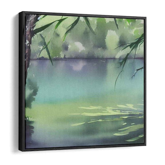 Tranquil Bamboo Reflections: Serene Lake and Bamboo Watercolor Canvas Art