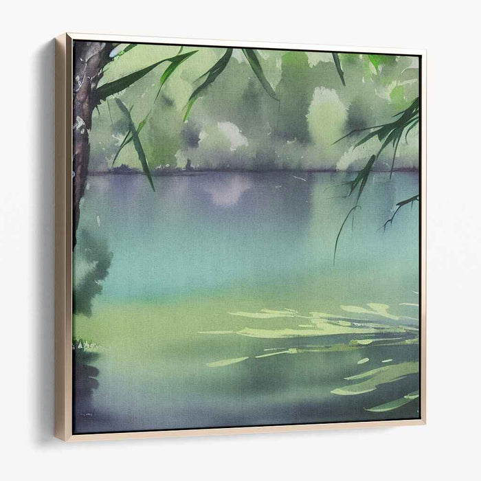 Tranquil Bamboo Reflections: Serene Lake and Bamboo Watercolor Canvas Art