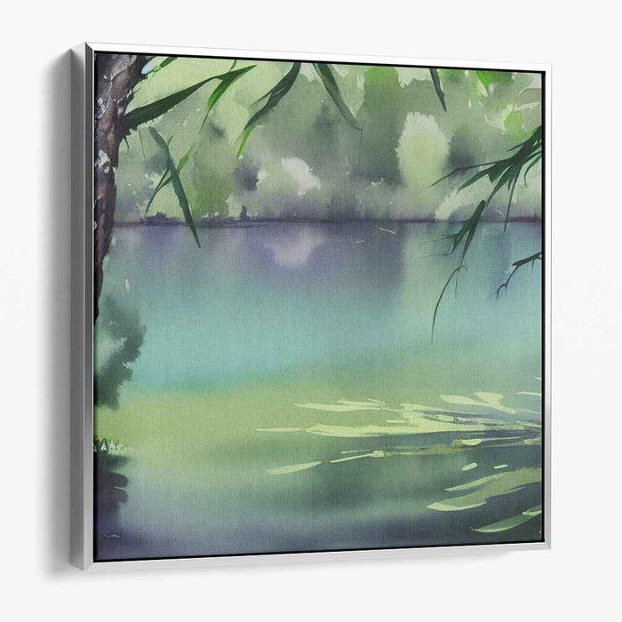 Tranquil Bamboo Reflections: Serene Lake and Bamboo Watercolor Canvas Art