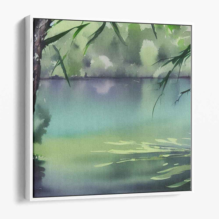 Tranquil Bamboo Reflections: Serene Lake and Bamboo Watercolor Canvas Art