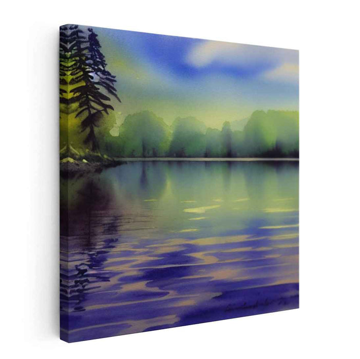 Aqua Lagoon Mirage: Watercolor Lakeside Reflections Canvas Art