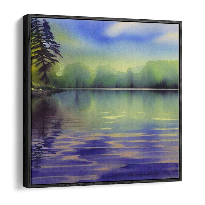 Aqua Lagoon Mirage: Watercolor Lakeside Reflections Canvas Art