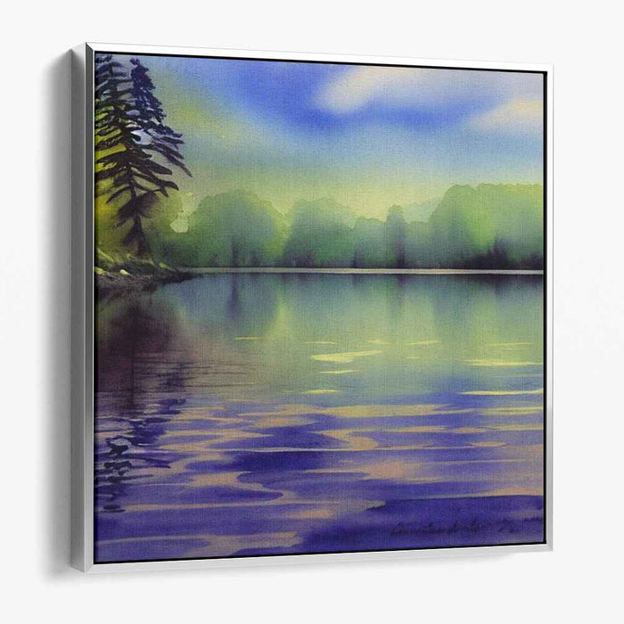 Aqua Lagoon Mirage: Watercolor Lakeside Reflections Canvas Art
