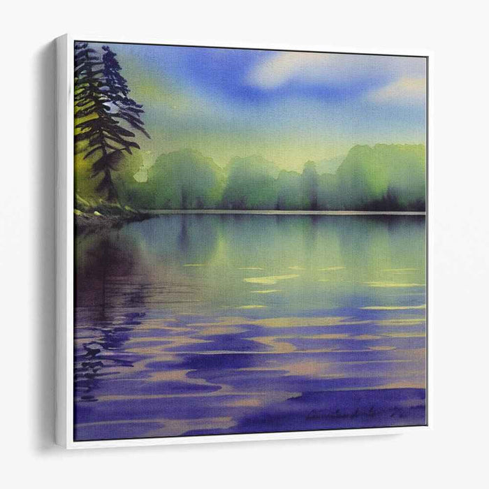 Aqua Lagoon Mirage: Watercolor Lakeside Reflections Canvas Art