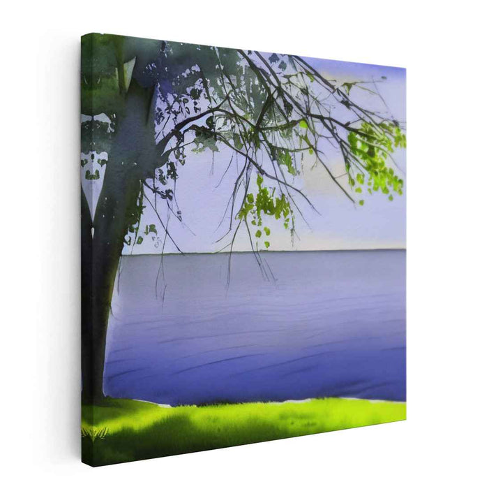 Tranquil Lakeside Morning: Impressionistic Watercolor Landscape Art