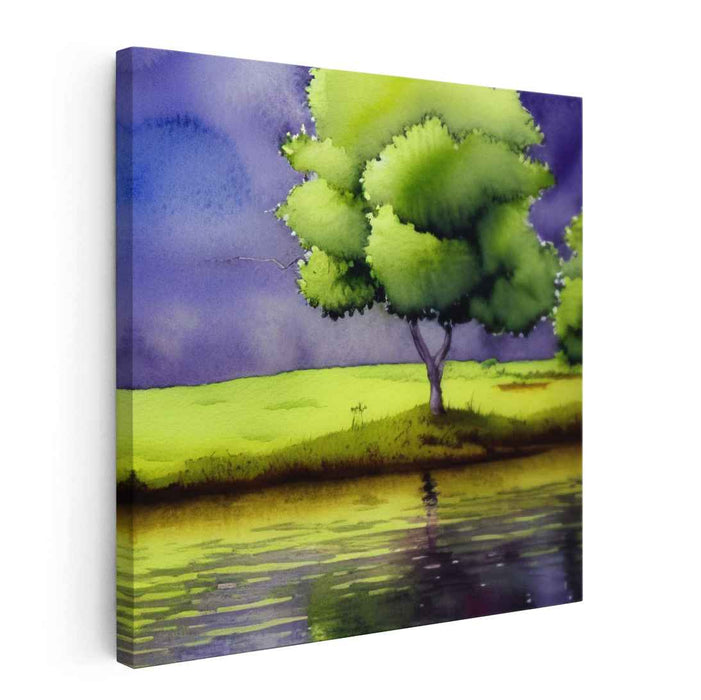 Foggy Glass Waters: Serene Landscape Watercolor Canvas Art Print