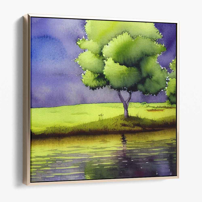 Foggy Glass Waters: Serene Landscape Watercolor Canvas Art Print