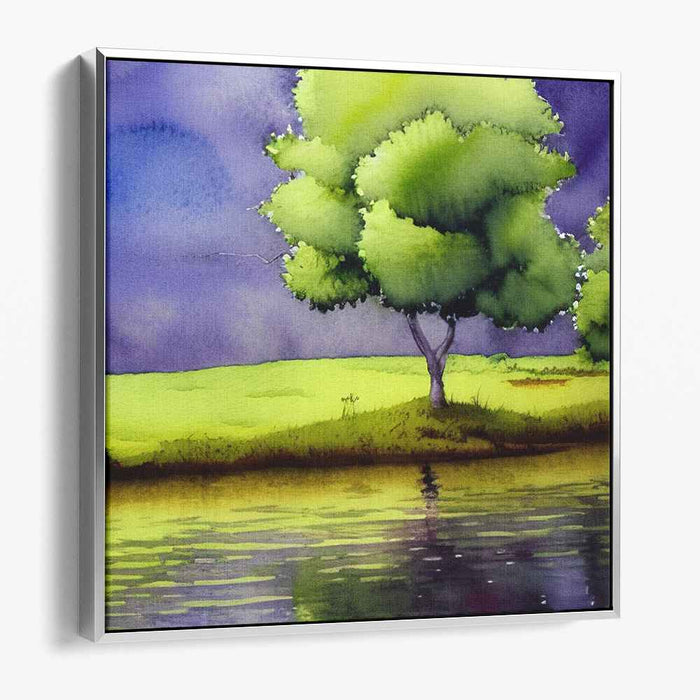 Foggy Glass Waters: Serene Landscape Watercolor Canvas Art Print