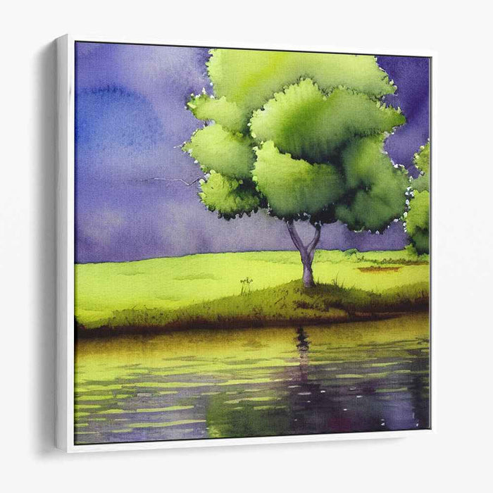 Foggy Glass Waters: Serene Landscape Watercolor Canvas Art Print