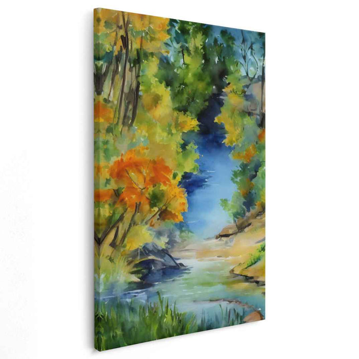 Verdant Flowing Serenity: Lush Watercolor Forest Stream