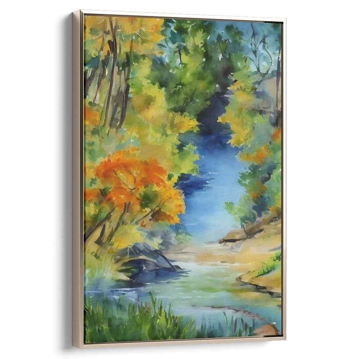 Verdant Flowing Serenity: Lush Watercolor Forest Stream