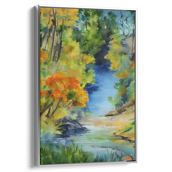 Verdant Flowing Serenity: Lush Watercolor Forest Stream