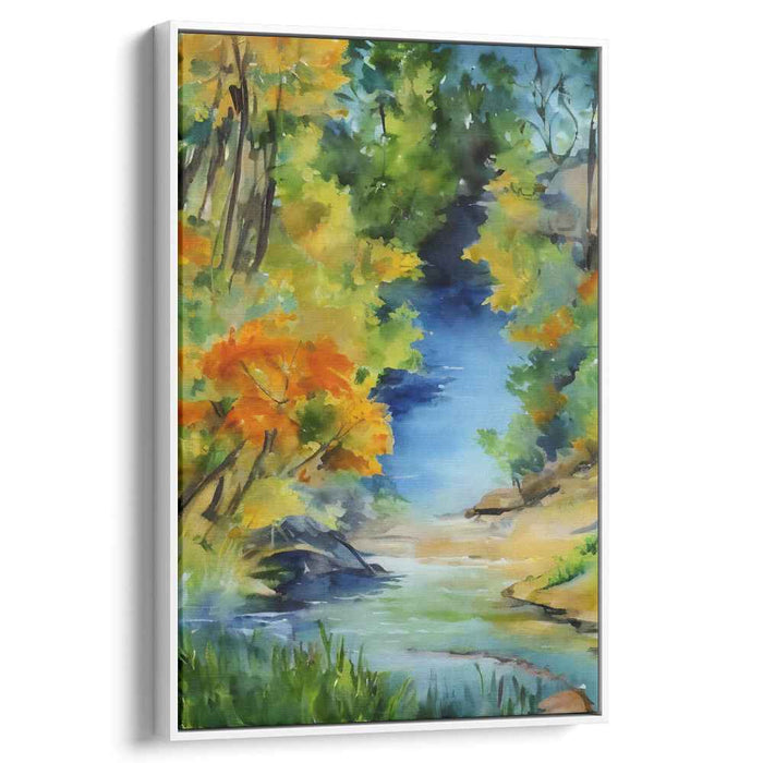 Verdant Flowing Serenity: Lush Watercolor Forest Stream