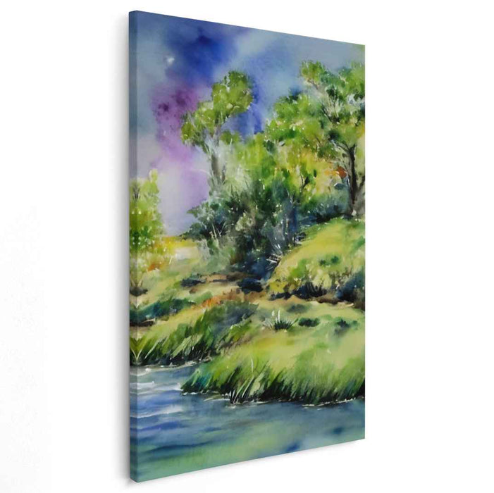 Emerald Rivulet Harmony: Lush Greenery and Gentle Stream Watercolor Art