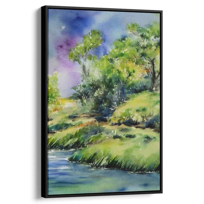 Emerald Rivulet Harmony: Lush Greenery and Gentle Stream Watercolor Art