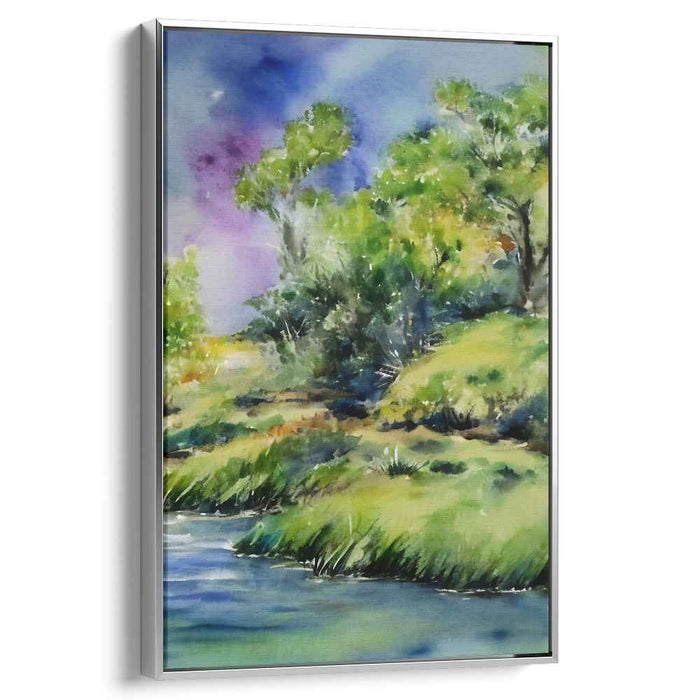 Emerald Rivulet Harmony: Lush Greenery and Gentle Stream Watercolor Art