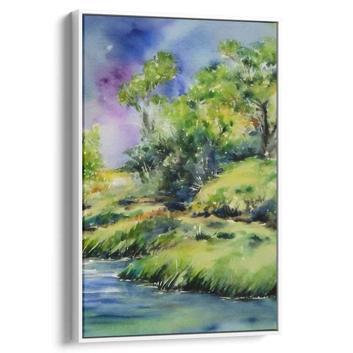Emerald Rivulet Harmony: Lush Greenery and Gentle Stream Watercolor Art